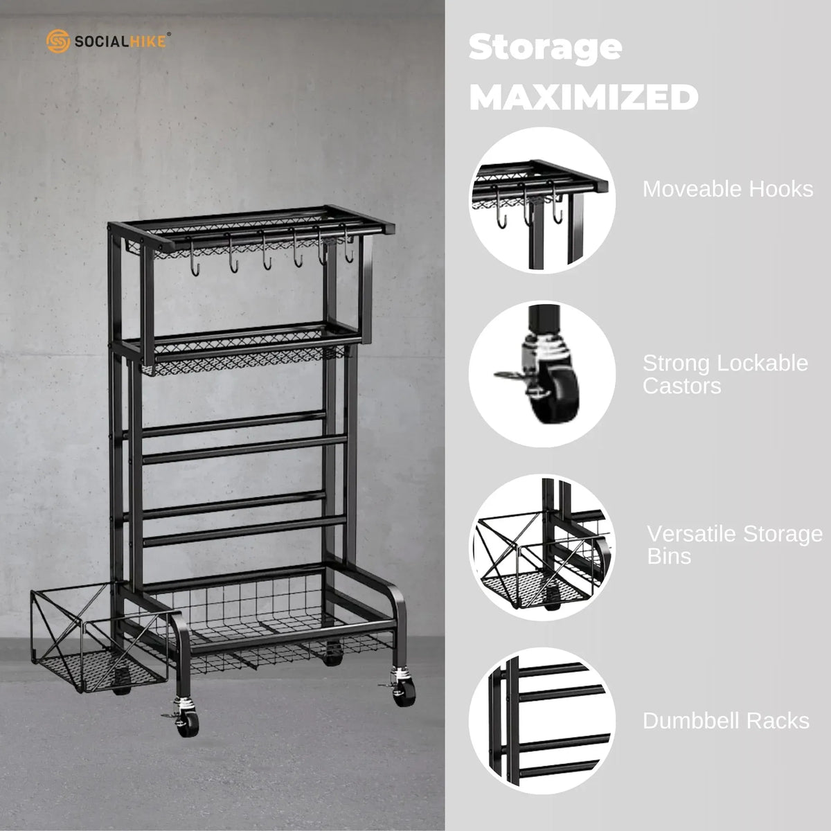 Social Hike Gym Equipment Storage Rack on Wheels